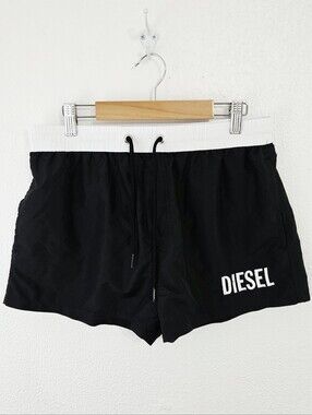 Diesel women's Wave Swim Shorts Black white embroidery spellout logo mesh liner